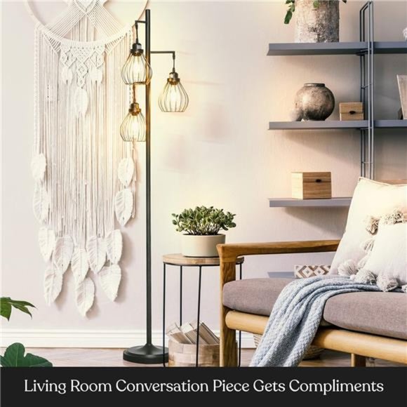 LED Floor Lamp – Tree Standing Lamp with 3 Elegant Cage Heads & Edison Bulbs - Picture 4 of 6